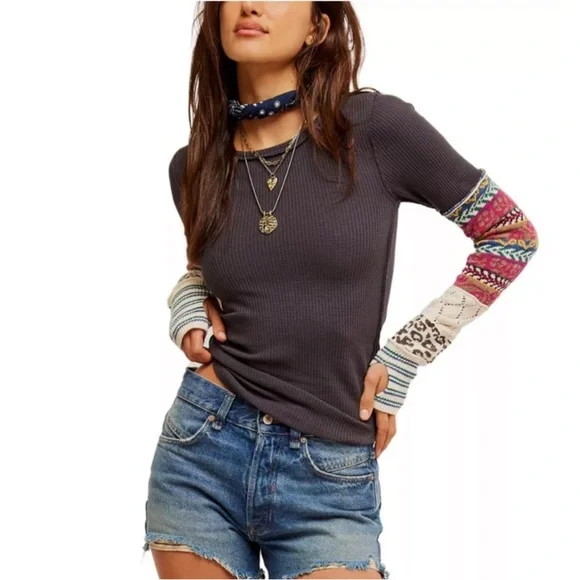 FREE PEOPLE All In Cuff Long Sleeve Top, Washed Black Combo, Size Large - Picture 2 of 6